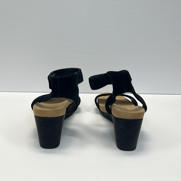 Lucky Brand Kanoa Sandals 7.5 Womens Black Tan Wedge Strappy Leather Open Toe - Picture 8 of 15